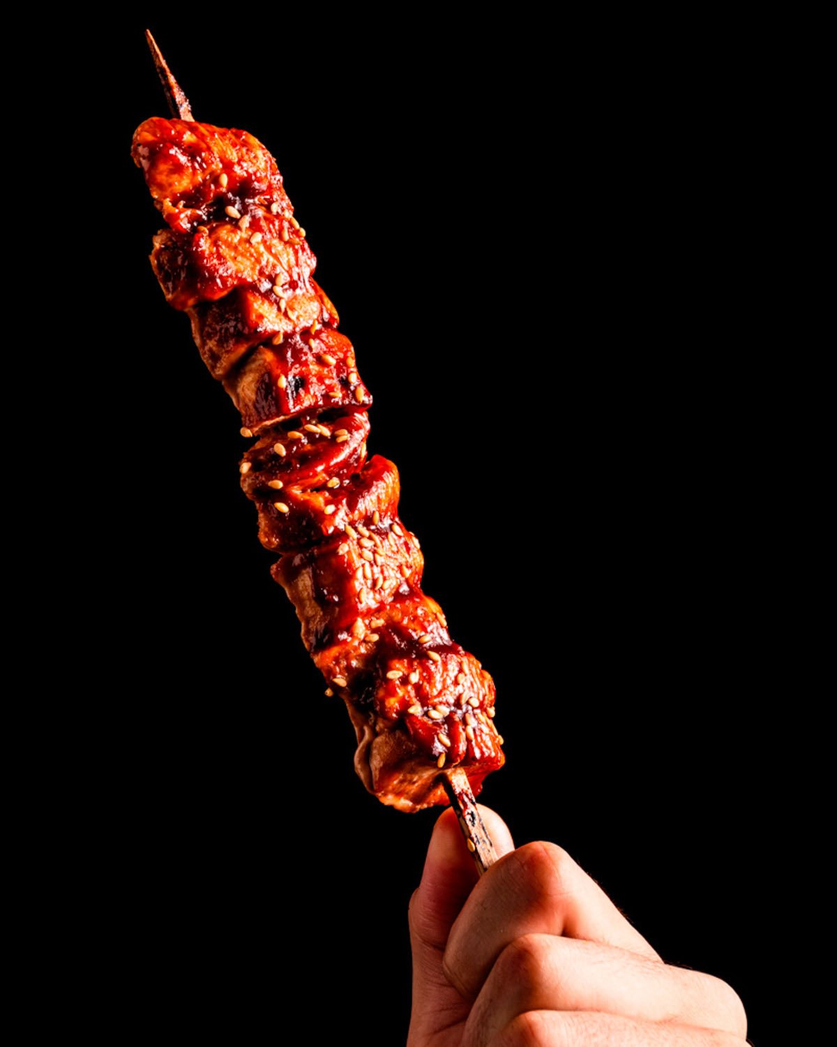 Brocheta yakitori sobre fondo negro — fotografía profesional